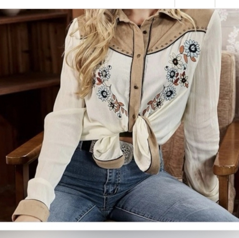 John Moon Womans Western Floral Embrodiery Long Sleeve Button Down Shirt 3XL